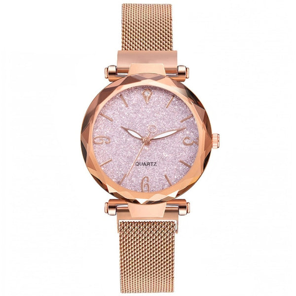 Rose Gold Luxury Magnetic Starry Sky Lady Wrist Watch Mesh Female Clock