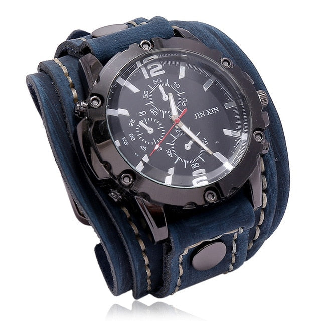 Quartz Wristwatches Fashion Blue Glass Punk Style Mens Watches Wide Leather Bracelets